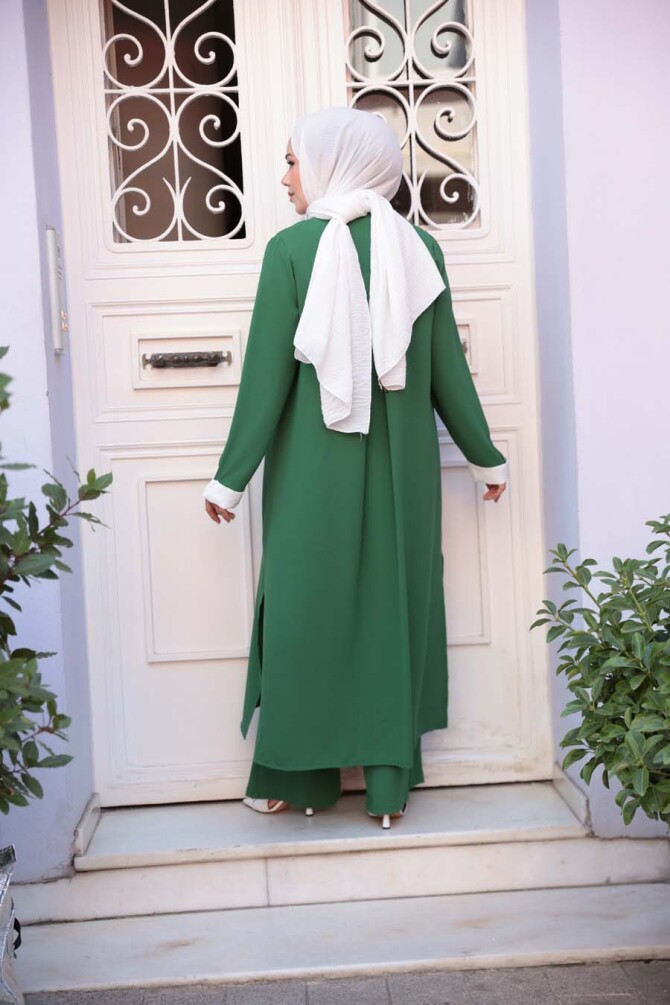 Kimono Yeşil Tesettür Üçlü Takım 76001Y - 4