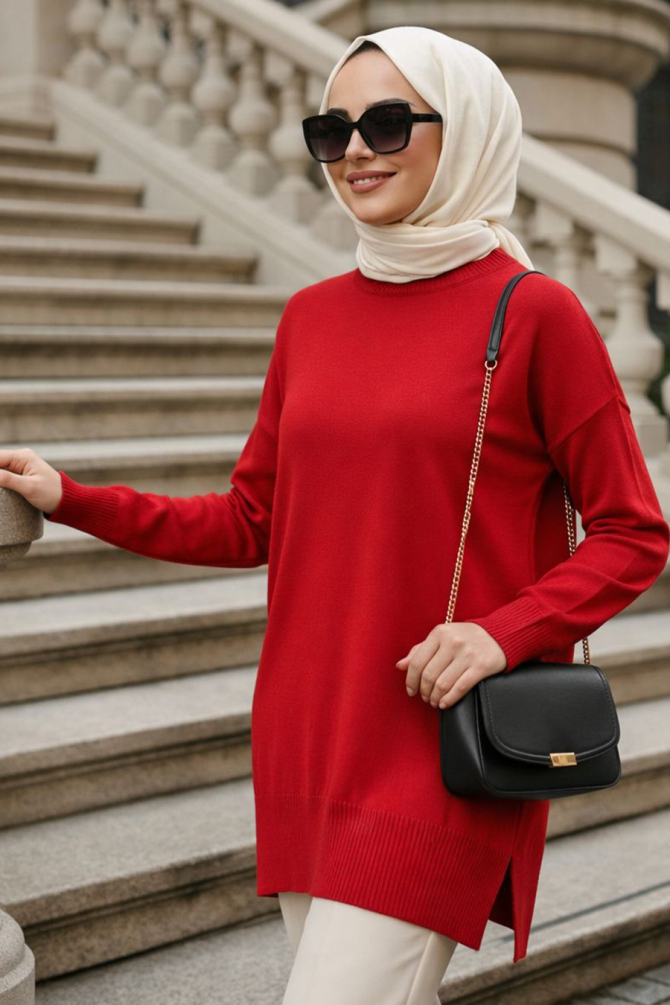 Kırmızı Tesettür Triko Kazak 10901K - 1