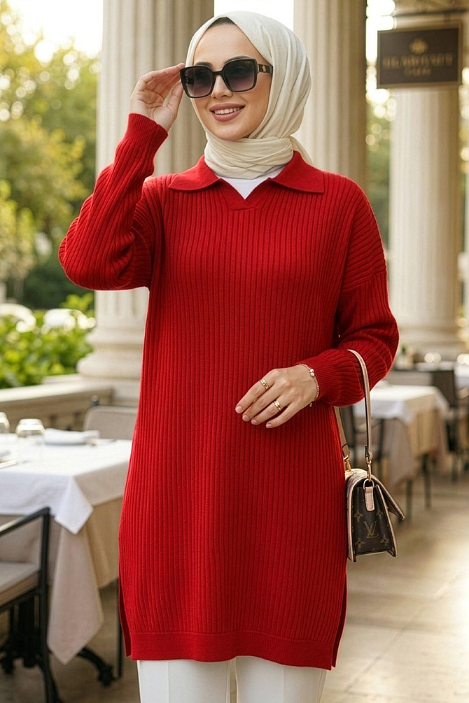 Kırmızı Tesettür Triko Kazak 10921K - 1