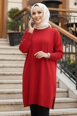Kırmızı Tesettür Triko Kazak Tunik 17203K 