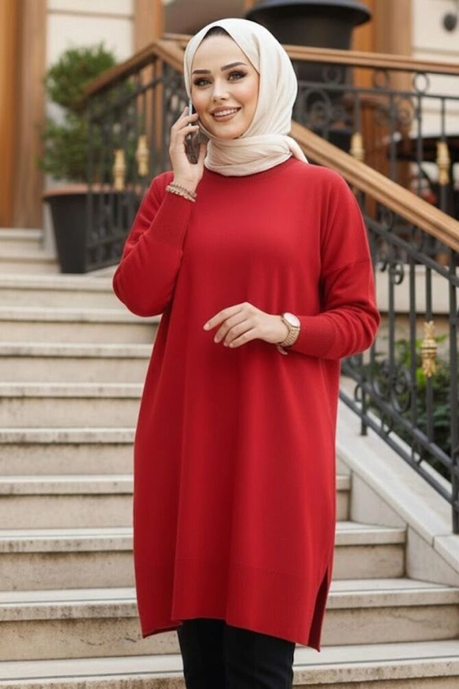 Kırmızı Tesettür Triko Kazak Tunik 17203K - 1