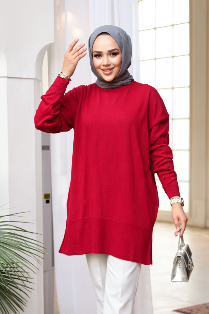 Kırmızı Tesettür Triko Kazak Tunik 2822K - 1
