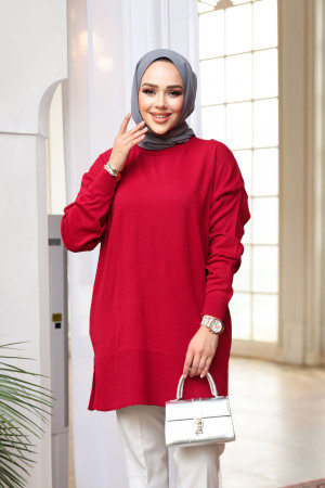 Kırmızı Tesettür Triko Kazak Tunik 2822K - 2