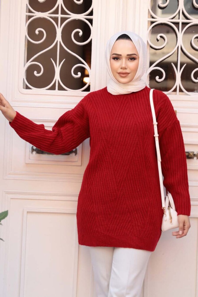 Kırmızı Tesettür Triko Kazak Tunik 7852K - 2