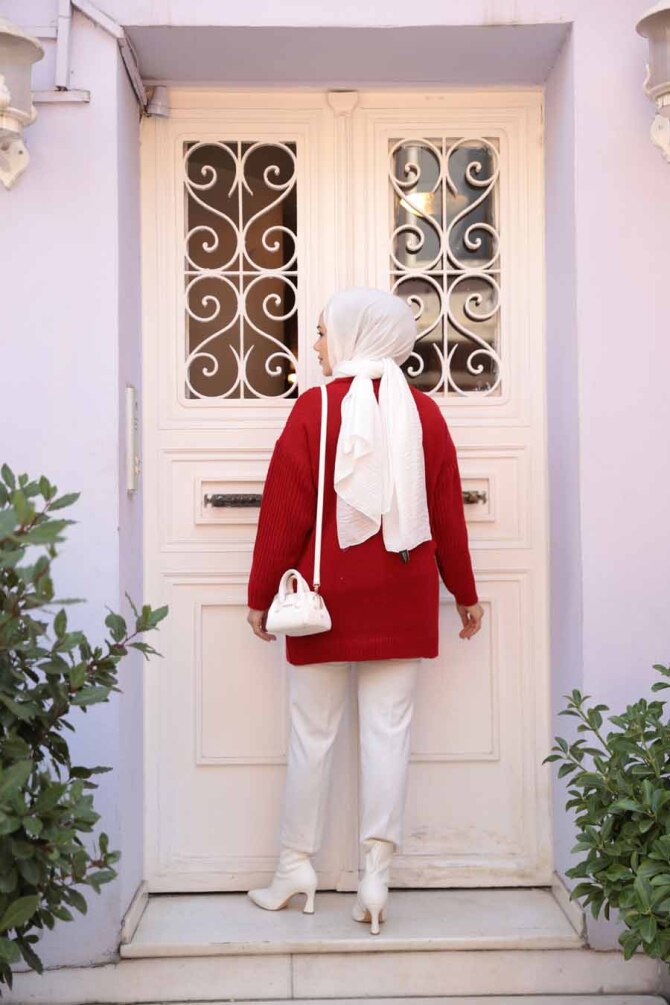 Kırmızı Tesettür Triko Kazak Tunik 7852K - 4