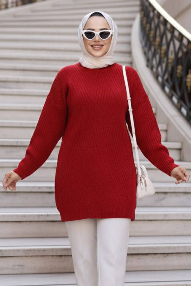 Kırmızı Tesettür Triko Kazak Tunik 7852K - 1