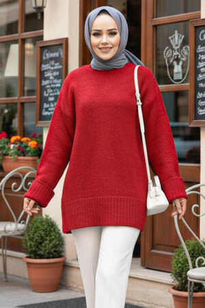 Kırmızı Tesettür Triko Kazak Tunik 87181K - NEVA STYLE