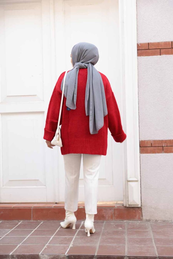 Kırmızı Tesettür Triko Kazak Tunik 87181K - 4