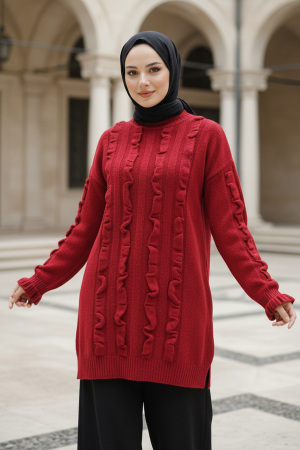 Kırmızı Tesettür Triko Kazak Tunik 87703K - 1