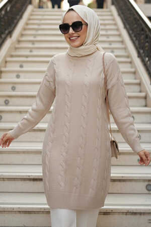 Knit Detailed Beige Modest Knit Sweater 60051BEJ 