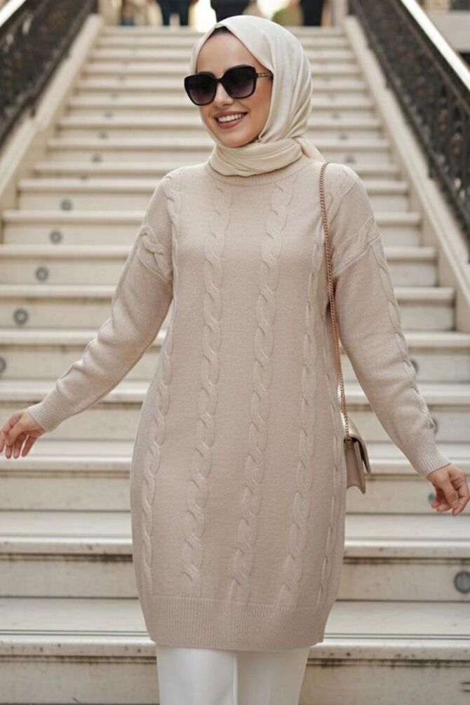 Knit Detailed Beige Modest Knit Sweater 60051BEJ - 1