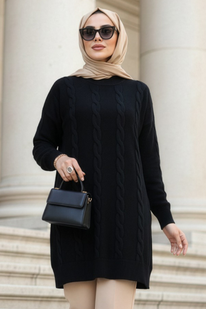 Knit Detailed Black Modest Knit Sweater 60051S - 1