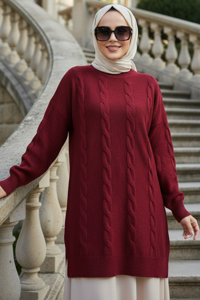 Knit Detailed Burgundy Modest Knit Sweater 60051BR - 1