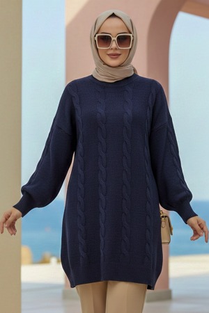 Knit Detailed Dark Navy Blue Modest Knit Sweater 60051KL 