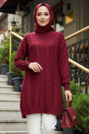 Knit Detailed Koyu Burgundy Modest Knit Sweater 60051KBR 
