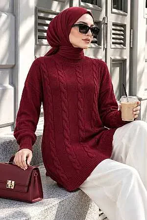 Knit Detailed Koyu Burgundy Modest Knit Sweater 60051KBR - N.S NEVA STYLE