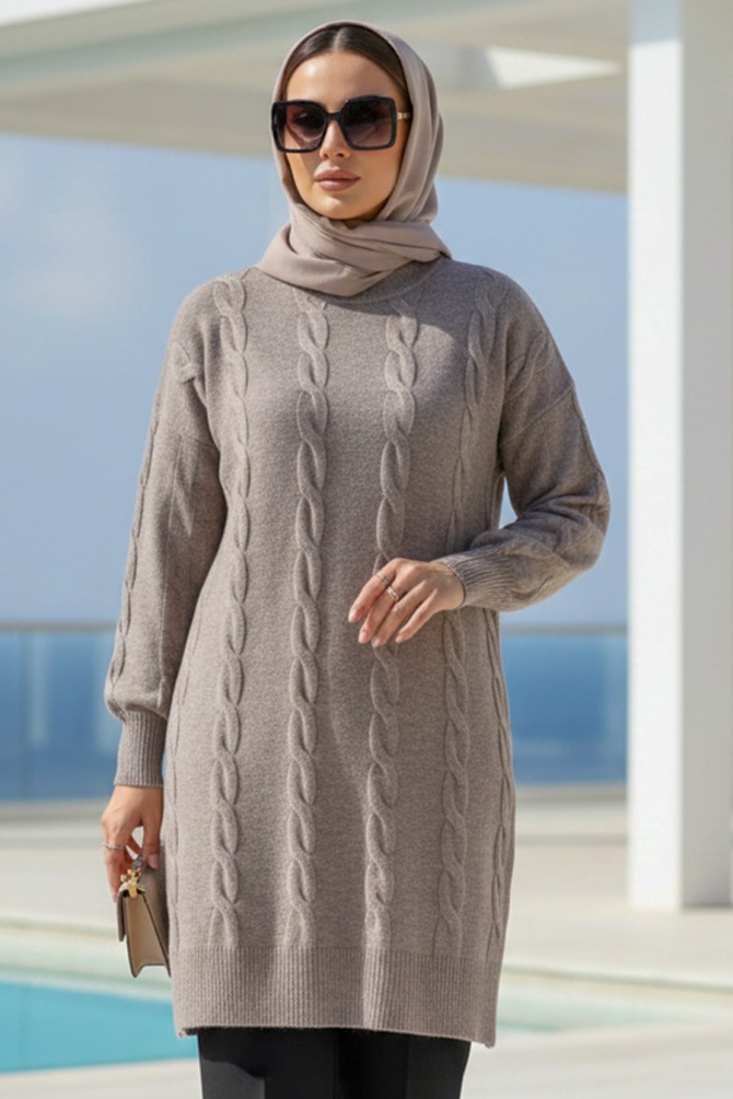 Knit Detailed Mink Modest Knit Sweater 60051V - 1