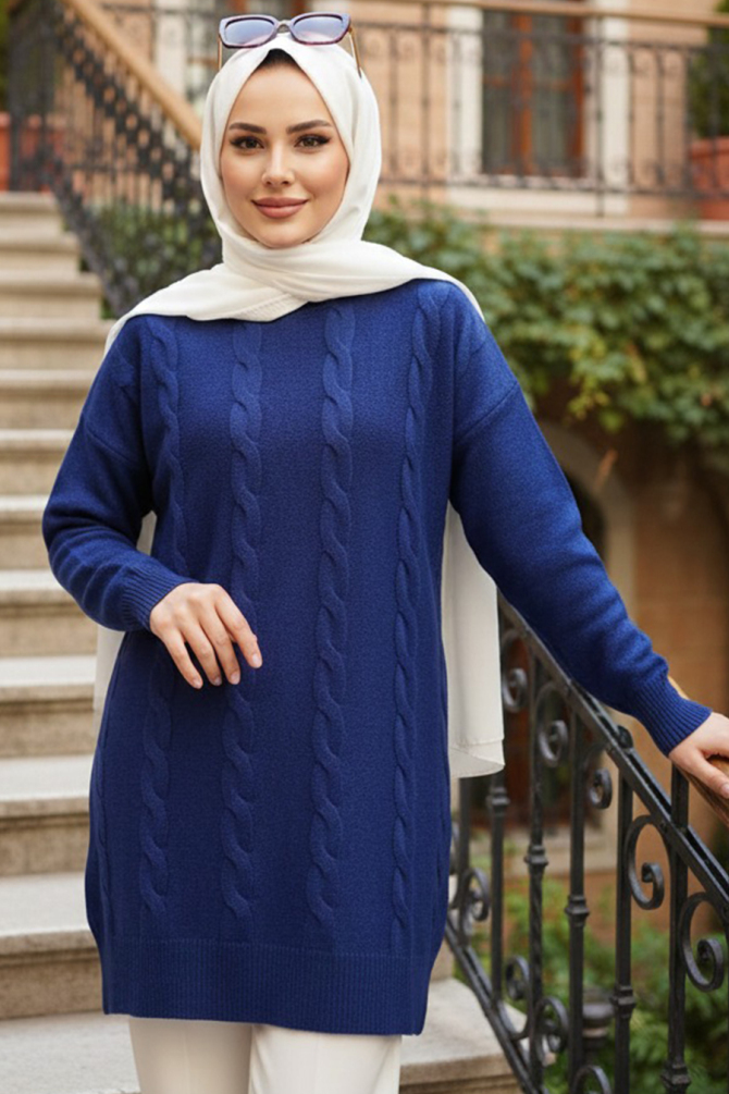 Knit Detailed Navy Blue Modest Knit Sweater 60051L - 1