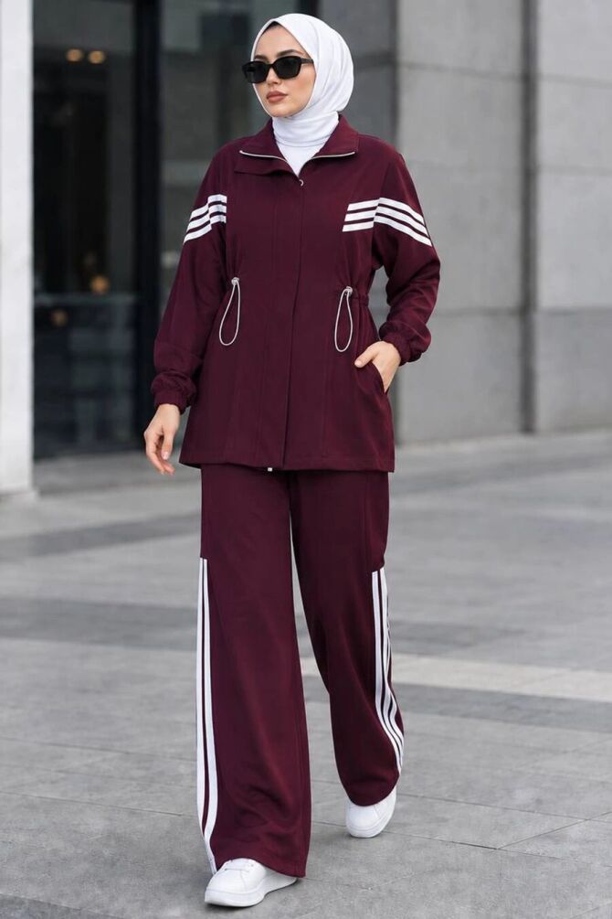 Sleeve Stripe Detail Pocketed Oysho Burgundy Modest Trouser Set 10601BR - 1