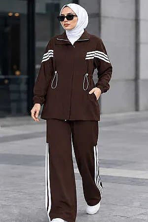 Sleeve Stripe Detail Pocketed Oysho Dark Brown Modest Trouser Set 10601KKH - 1