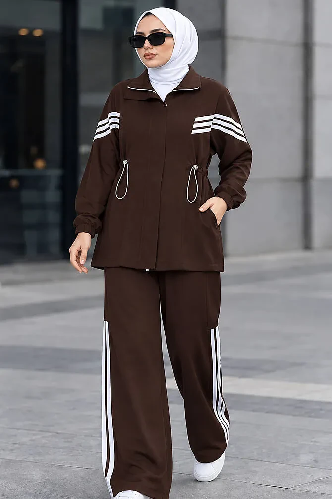 Sleeve Stripe Detail Pocketed Oysho Dark Brown Modest Trouser Set 10601KKH - 1