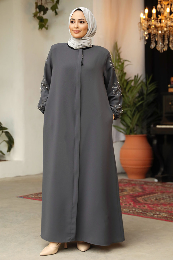 Kolları Boncuk İşlemeli Füme Tesettür Ferace 62701FU - 2