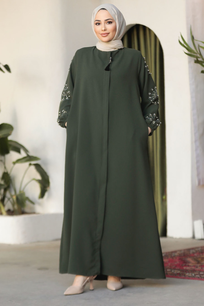 Kolları Boncuk İşlemeli Haki Tesettür Ferace 62701HK - 1