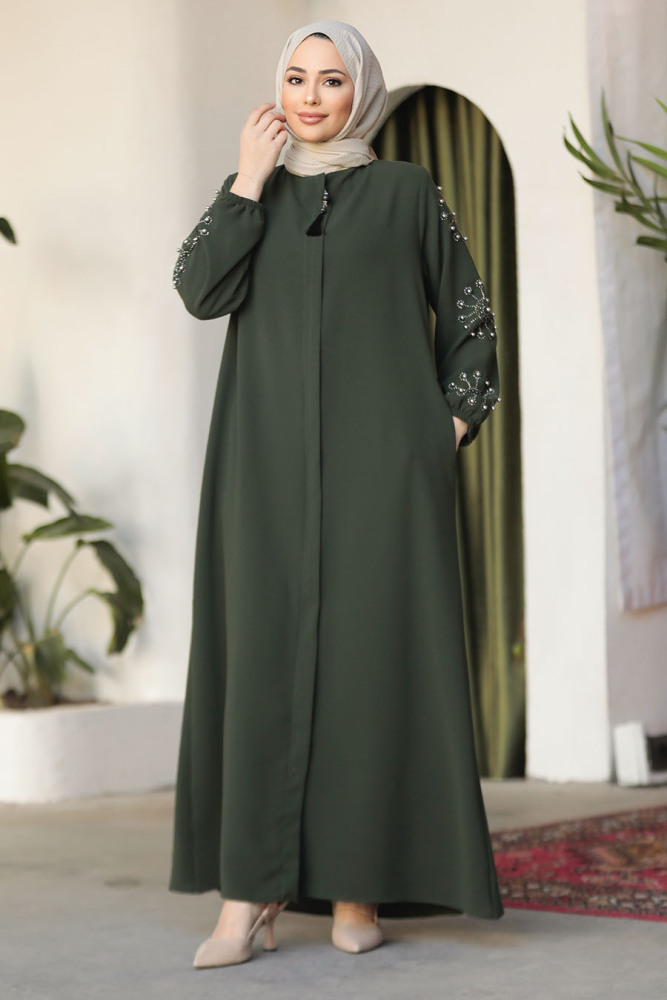 Kolları Boncuk İşlemeli Haki Tesettür Ferace 62701HK - 2