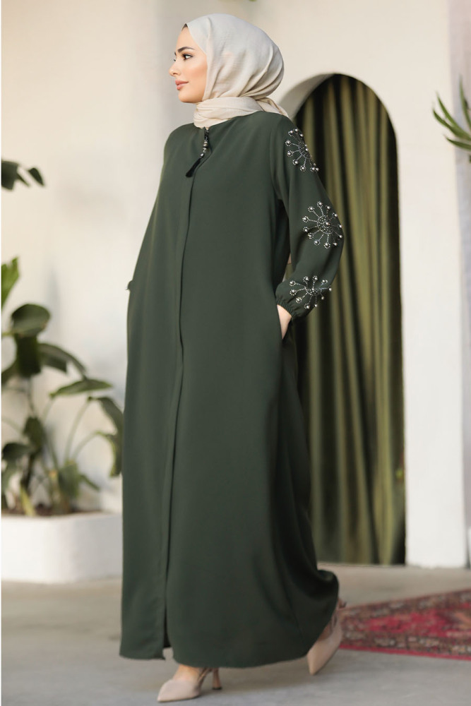 Kolları Boncuk İşlemeli Haki Tesettür Ferace 62701HK - 3