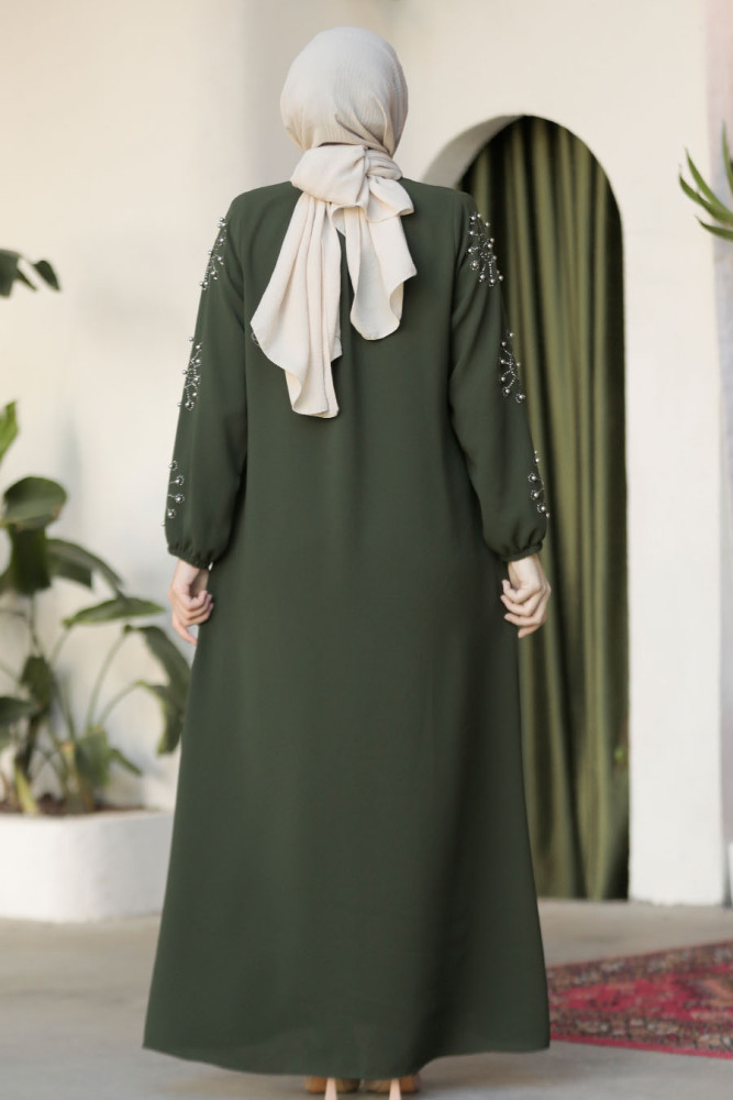 Kolları Boncuk İşlemeli Haki Tesettür Ferace 62701HK - 4