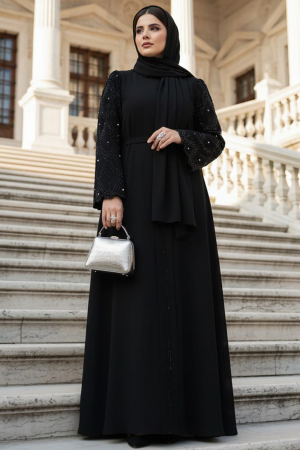 Kolları Boncuklu Siyah Tesettür Abaya 85104S - N.S NEVA STYLE