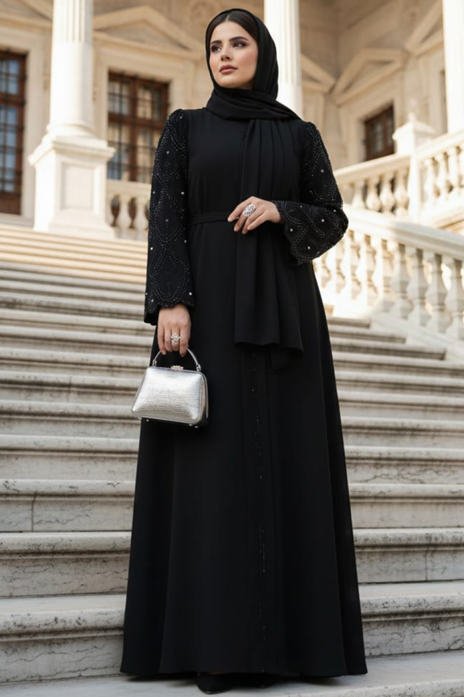 Kolları Boncuklu Siyah Tesettür Abaya 85104S - 1