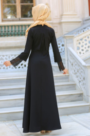 Kolları Dantelli Siyah Tesettür Elbise 3083S - Thumbnail