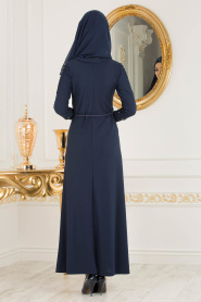Kolları Detaylı Lacivert Tesettür Elbise 10110L - Thumbnail