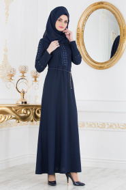 Kolları Detaylı Lacivert Tesettür Elbise 10110L - Thumbnail