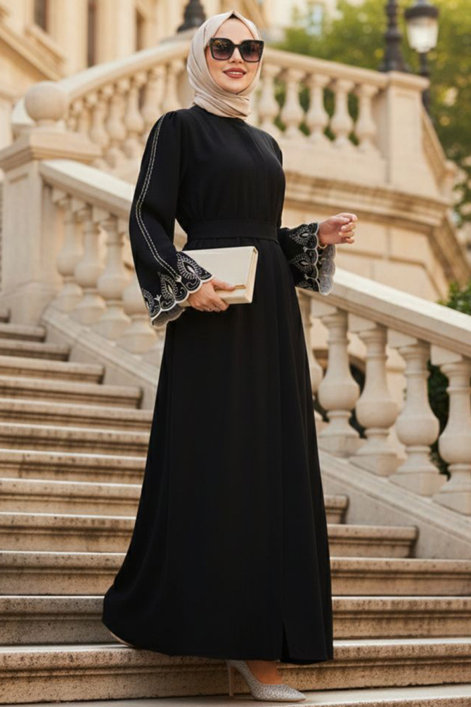 Kolları Detaylı Siyah Tesettür Abaya 60063S - 1