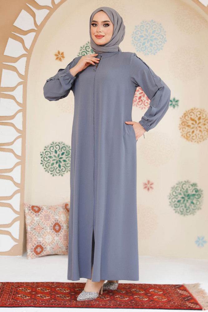 Kolları Düğme Detaylı Gri Tesettür Ferace 45292GR - 2