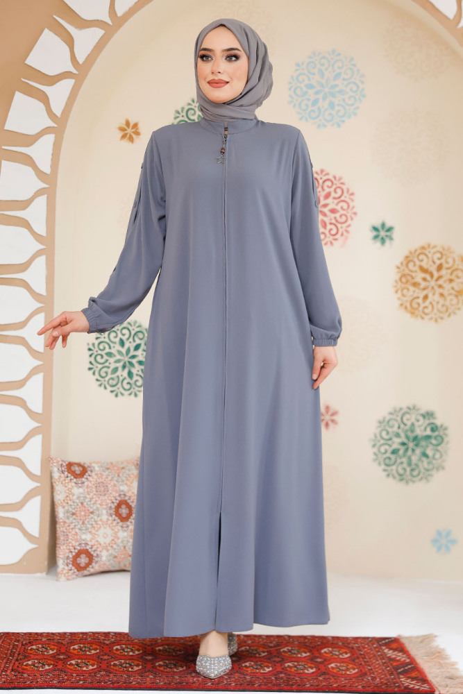 Kolları Düğme Detaylı Gri Tesettür Ferace 45292GR - 1