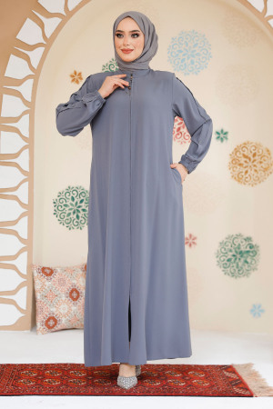 Kolları Düğme Detaylı Gri Tesettür Ferace 45292GR - 3