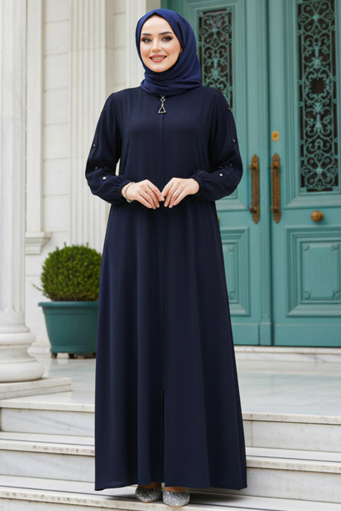 Kolları Düğme Detaylı Koyu Lacivert Tesettür Ferace 45292KL - 1
