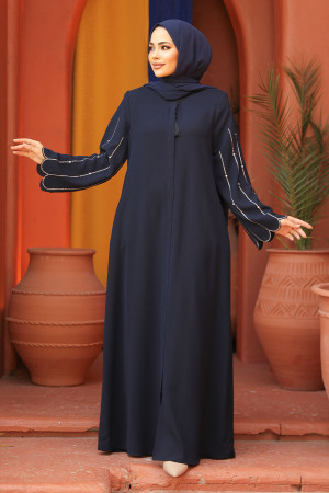 Kolları İşlemeli Lacivert Tesettür Abaya 2634L - 2