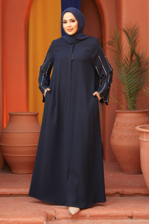 Kolları İşlemeli Lacivert Tesettür Abaya 2634L - 1