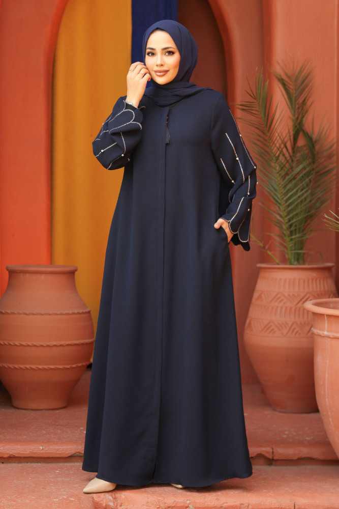 Kolları İşlemeli Lacivert Tesettür Abaya 2634L - 3