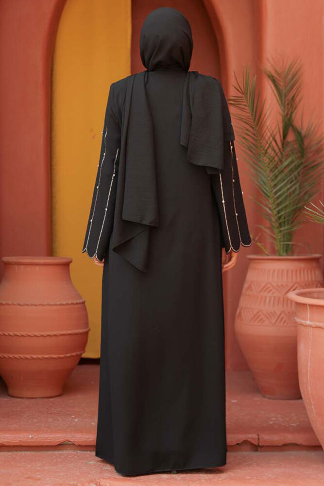 Kolları İşlemeli Siyah Tesettür Abaya 2634S - 3