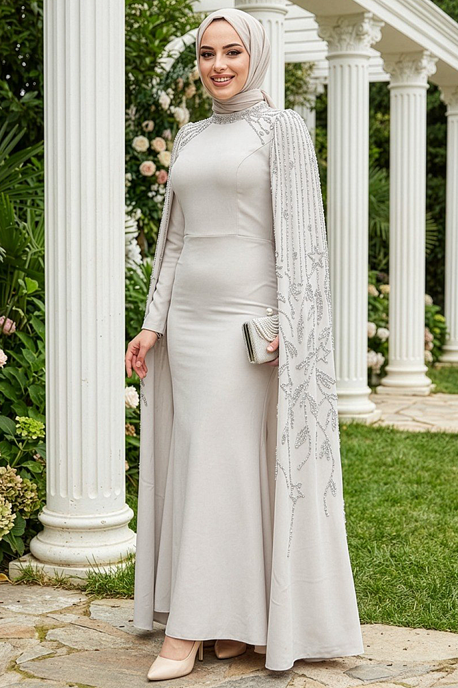  Kolları Pelerinli Bej Tesettür Abiye Elbise 51681BEJ - 1