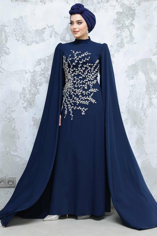 Kolları Pelerinli Lacivert Tesettür Abiye Elbise 49912L - 3