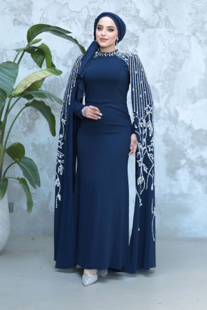 Kolları Pelerinli Lacivert Tesettür Abiye Elbise 51681L - 2