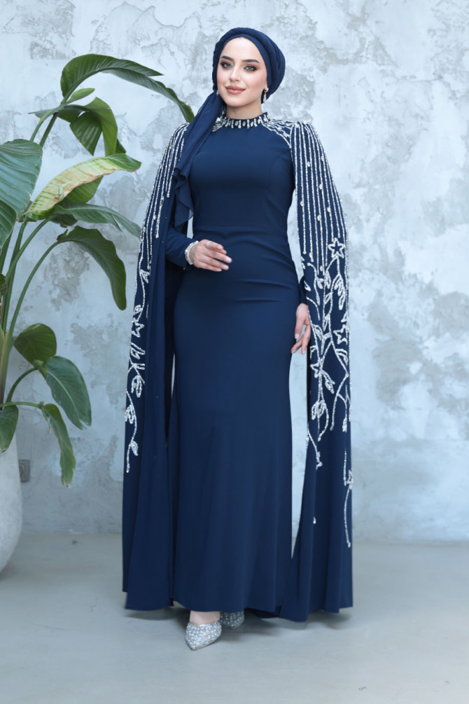 Kolları Pelerinli Lacivert Tesettür Abiye Elbise 51681L - 2