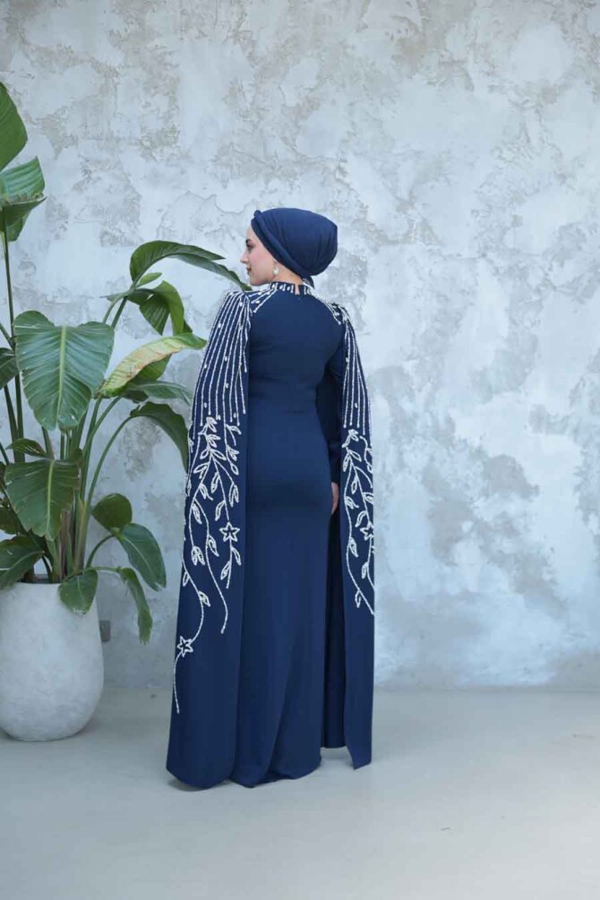 Kolları Pelerinli Lacivert Tesettür Abiye Elbise 51681L - 3