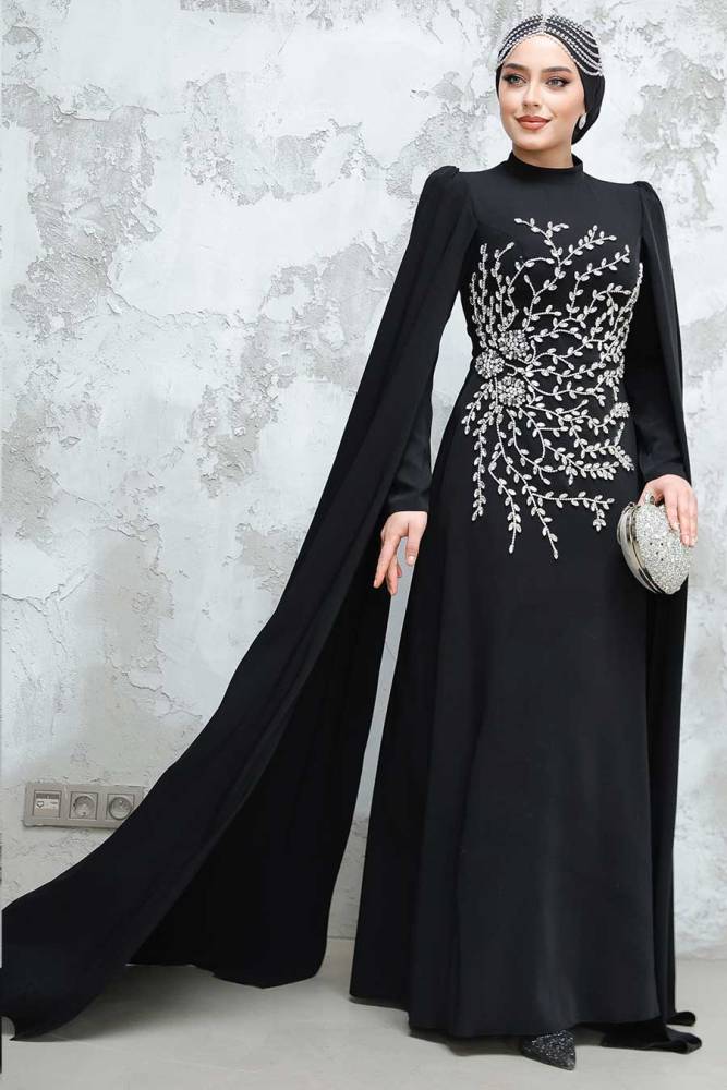 Kolları Pelerinli Siyah Tesettür Abiye Elbise 49912S - 2